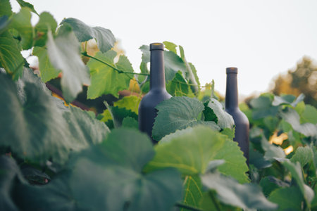 A two black bottle of wine stands on the ground next to grapes, green leaves and a vine. countryside, natural productの写真素材