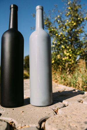 one gray bottle on the road from the tiles, the village, rural alcoholism, drunkenness. alcoholic illness. road in the countrysideの写真素材