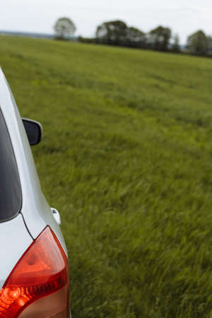 car on the road among a green field, travelの写真素材