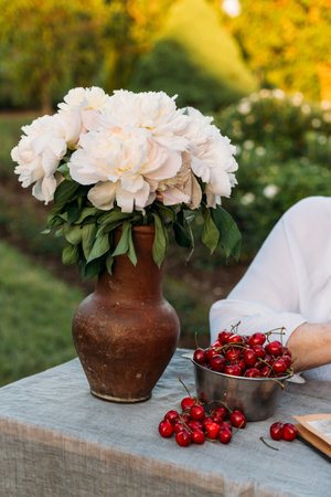 grandmother sitting in a chair at the table on which the cherry is lying, in the garden and watching an old album with photos, recounts and remembers the family's story. grandmother in a white vintage dress, summer, warm day. view album with photosの写真素材