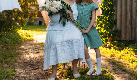 conversation between grandmother and granddaughter. grandmother, an elderly woman in white, vintage clothes sitting and hugging her granddaughter, a girl in a green dress, and holding in her other hand a bouquet of flowers, white peonies, in the garden. meeting and congratulations, a giftの写真素材