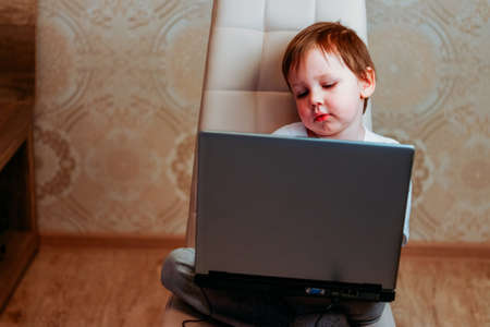 little boy in a white t-shirt sits on a chair, sofa with a laptop. looks into the camera. funny...