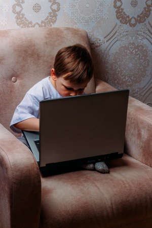 little boy in a white t-shirt sits on a chair, sofa with a laptop. looks into the camera. funny Face. concentration.の写真素材