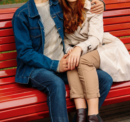 couple sitting on a bench, legs of a girl on a guy, a man hugging a woman.a guy in jeans and a denim jacket, a girl in a beige coat and pants, brown shoesの写真素材