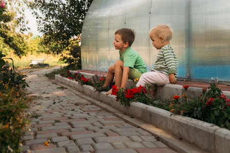 small children, a girl and a boy, sit on a path near a club, barefoot, behind them a covered pool, greenhouse, summer, spring in the village.の写真素材