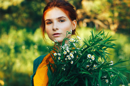 portrait of a beautiful girl with brown hair among the flowers in the field. summer holiday with flowers.の写真素材