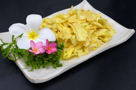 Fried durian in dish on tableの写真素材
