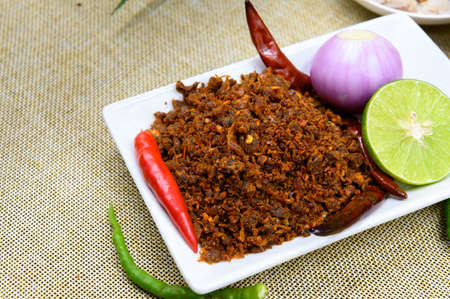 Dried Spicy Shrimp Paste Dip with onion, lemon and chili, Thai food