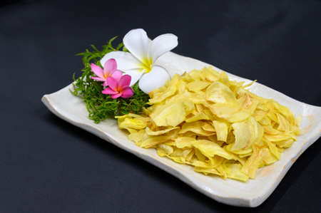 Fried durian in dish on tableの写真素材