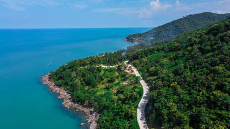Aerial view of road and beach between Khanom and Sichon, Nakhon Si Thammarat, Thailandの写真素材