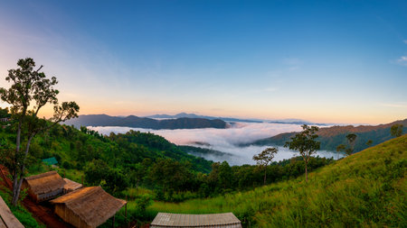 Panorama view of nature with fog in morning at Huai Kub Kab, Chiang mai, Thailandの写真素材