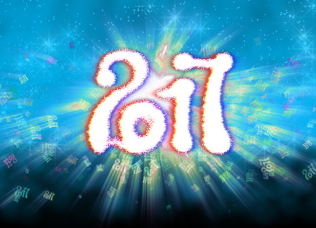 Happy new year 2017 isolated numbers written with light on bright bokeh background full of flying...