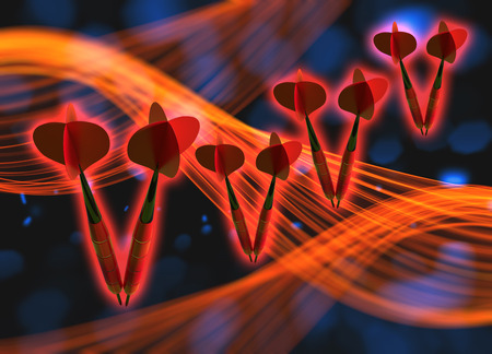 group of red glowing darts flying in the space via background with bokeh lights and wavy smoke shapes. 3d illustration.の写真素材