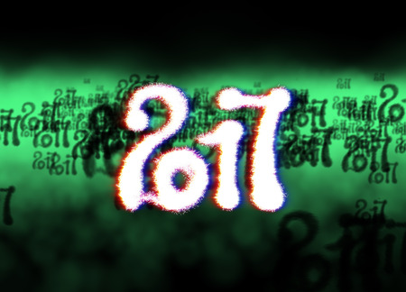 Happy new year 2017 isolated numbers written with light on bright bokeh background full of flying...