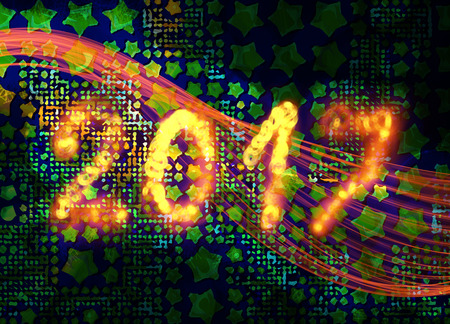 Happy new year 2017 isolated numbers written with flame fire sparkle light on black full of stars background elegant wave.の写真素材