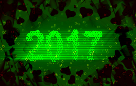 Happy new year 2017 isolated numbers written with light on black tech geometric background full of...
