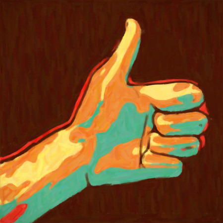 abstract art painted hand showing thumbs up symbol on dark background illustration.の写真素材