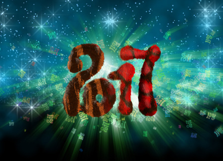 Happy new year 2017 isolated furry numbers on bright bokeh background full of flying digits 3d illustration.の写真素材