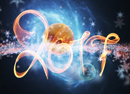 Happy new year 2017 numbers lettering written with fire flame or smoke on bright space background...