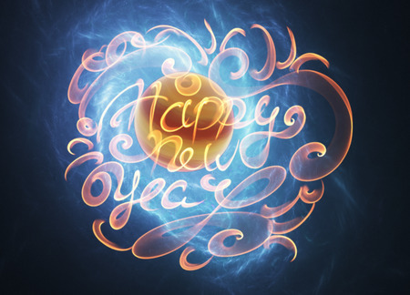 Happy new year words lettering written with fire flame or smoke on bright space background with...