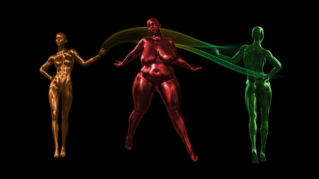 two tall healthy fit women and one fat on black background. 3d rendered medical concept illustration. Obesity problems.の写真素材