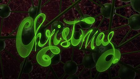 Christmas word lettering written with green fire flame or smoke on molecular hitech network background. 3d illustration.の写真素材