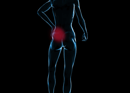 Female woman torso made of glass or bubble, pain in the back isolated on black background. 3d rendered medical illustration.の写真素材