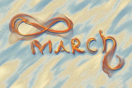 March 8 greeting card. Background for International Women's Day. Lettering made by ivory in the desert sand, creative concept.の写真素材