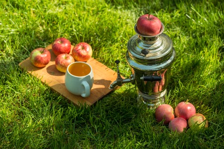 Rustic samovar steel teapot on the fresh spring summer lawn serve with the wooden board and apples and cup. Picnic leisure vacation holidaysの写真素材