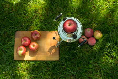 Rustic samovar steel teapot on the fresh spring summer lawn serve with the wooden board and apple. Picnic leisure vacation holidays. Top view flatlayの写真素材