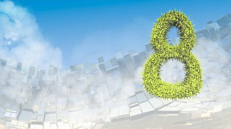 8 March word made of green city blocks flying in the space over abstract mountain landscape...