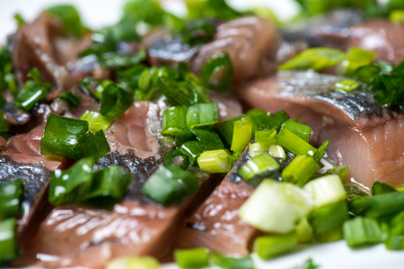 Sliced herring with green onion on a plate. Selective focus macro shot with shallow DOF.の写真素材