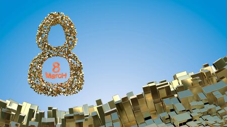 8 March word made of golden stones flying in the space over abstract mountain landscape background...