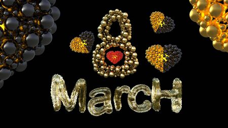 8 March symbol. Figure eight made of spheres and fur flying in the air with gold black hearts . Can...