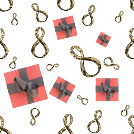 golden silver or platinum 8 numbers and flying gift boxes isolated on white background. Happy womans...