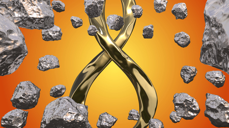 8 March symbol. Figure of eight made of cast gold platinum or silver flying in the air with asteroid field in front. Decorative greeting or postcard for international Womans Day 3d illustrationの写真素材