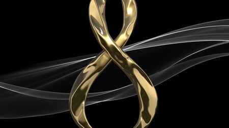 8 March symbol. Figure of eight made of cast gold platinum or silver flying in the air and the smoke silk ribbon behind. Decorative greeting or postcard for international Womans Day 3d illustrationの写真素材