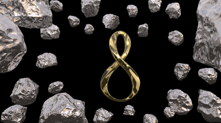 8 March symbol. Figure of eight made of cast gold platinum or silver flying in the air with asteroid field in front. Decorative greeting or postcard for international Womans Day 3d illustrationの写真素材