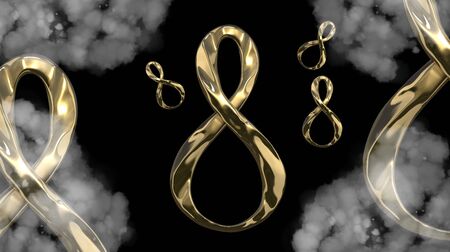 8 March symbol. Figure of eight made of cast gold platinum or silver flying in the air . Decorative greeting or postcard for international Womans Day 3d illustrationの写真素材