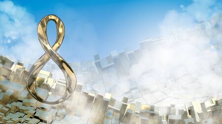 8 March word made of cast gold silver or platinum flying in the space over abstract mountain landscape background of metal boxes. Greeting postcard for international Womans Day. 3d illustrationの写真素材