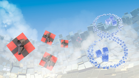 8 March word made water drops with ice cubes and gift boxes over abstract mountain landscape...
