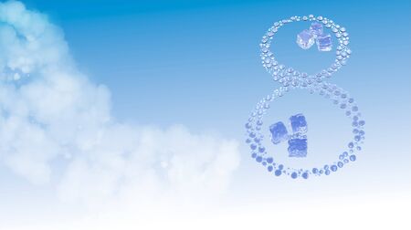 8 March. Figure of eight made of water drops with ice cubes over blue sky elegant background with...