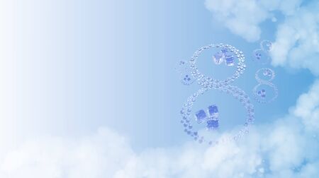 8 March. Figure of eight made of water drops with ice cubes over blue sky elegant background with...