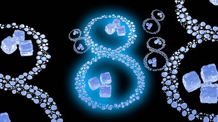 8 March symbol. Figure of eight made of water drops with ice cubes over space background. Decorative...