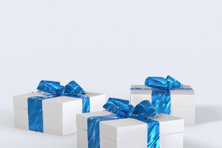 Christmas New Year colorful gift boxes with bows of ribbons on the white background. 3d illustration...