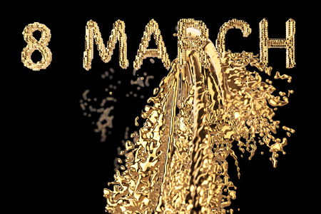 8 March symbol. Figure of eight made of gold wire over colorful background with paint, water or wine splash. Can be used as a decorative greeting grungy or postcard for international Woman's Day 3d illustration.の写真素材