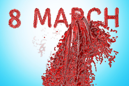 8 March symbol. Figure of eight made of red glass blocks boxes over colorful background with paint, water or wine splash. Can be used as a decorative greeting grungy or postcard for international Woman's Day 3d illustration.の写真素材