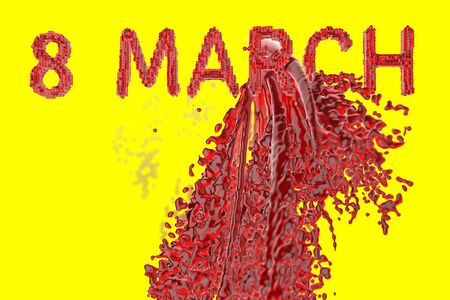 8 March symbol. Figure of eight made of red glass blocks boxes over colorful background with paint, water or wine splash. Can be used as a decorative greeting grungy or postcard for international Woman's Day 3d illustration.の写真素材