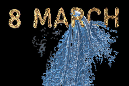8 March symbol. Figure of eight made of gold wire over colorful background with paint, water or wine...