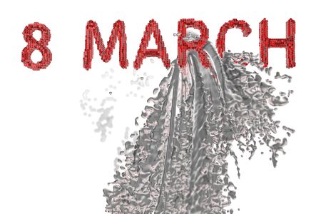 8 March symbol. Figure of eight made of red glass blocks boxes over colorful background with paint, water or wine splash. Can be used as a decorative greeting grungy or postcard for international Woman's Day 3d illustration.の写真素材